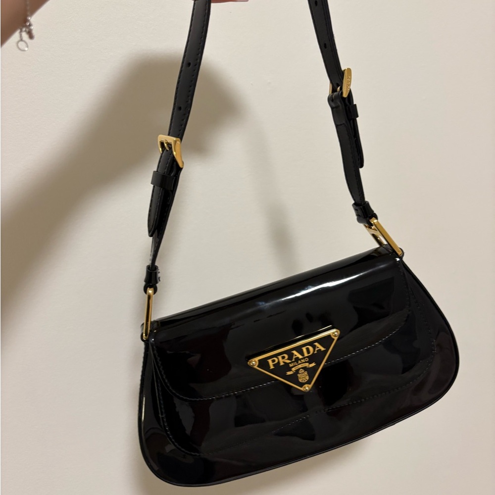 Prada Black Patent Shoulder Bag with Gold Details